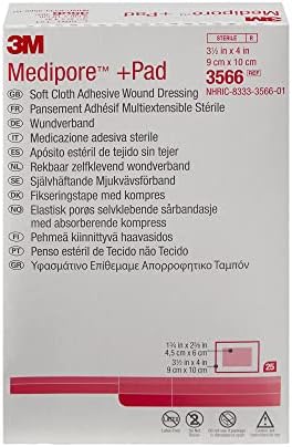 3M™ Medipore™ +Pad Soft Cloth Adhesive Wound Dressing, 3566, Dressing - 3-1/2 in x 4 in, Pad - 1-3/4 in x 2-3/8 in (Box of 25)
