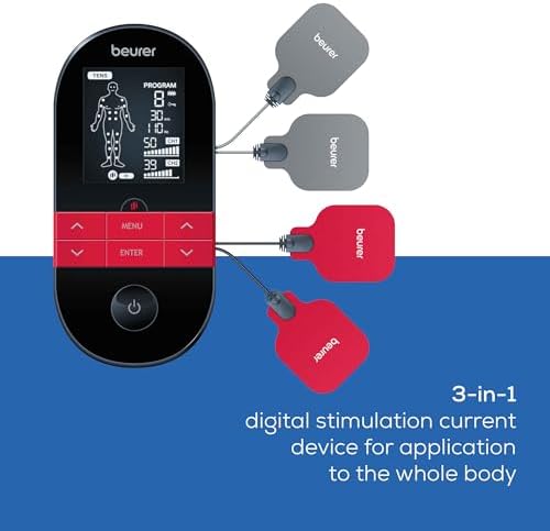 Beurer EM59 Digital 3-in-1 TENS Unit, EMS & Heat Therapy for Pain Relief & Relaxation, Muscle Stimulator with 2 Adjustable Channels, 64 Applications, Timer Function