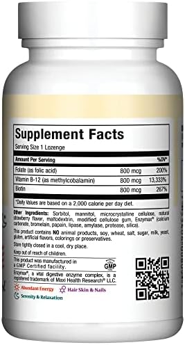 Vitamin B12 Lozenges with Folic Acid and Biotin - Sublingual B 12 Vitamins Strawberry Flavor - Vegetarian Kosher B 12 Vitamin - VIT B12 Supplement for Red Blood Cell Production and Energy (90 Count)