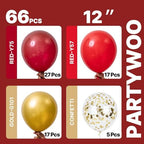 PartyWoo Red and Gold Balloons 66pcs 12 10 Inch Matte Red Burgundy Metallic Chrome Gold Confetti Balloons for Graduation Baby Shower Birthday New Year's Eve Anniversary Christmas Party Decorations