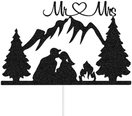 Mountain Wedding Cake Topper - Outdoors Romantic Hiking Mr & Mrs Cake Decor, Groom Kissing Bride, Forest Theme Wedding Party Decorations Black Glitter