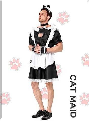 Male Maid Uniforms,Anime French Cat Maid Apron Fancy Dress Cosplay Costume Headwear Collar Cuffs Set