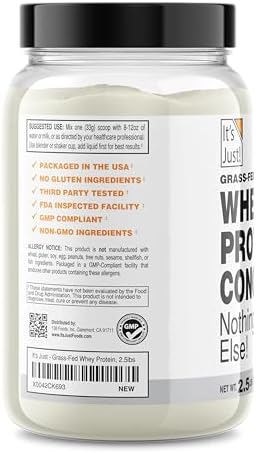 It's Just! - 100% Whey Protein Concentrate, Grass-Fed Pasture Raised, Made in Australia, RBST/rBGH Hormone Free, Premium WPC-80, No Added Flavors (Grass-Fed Unflavored, 2.5 Pound)