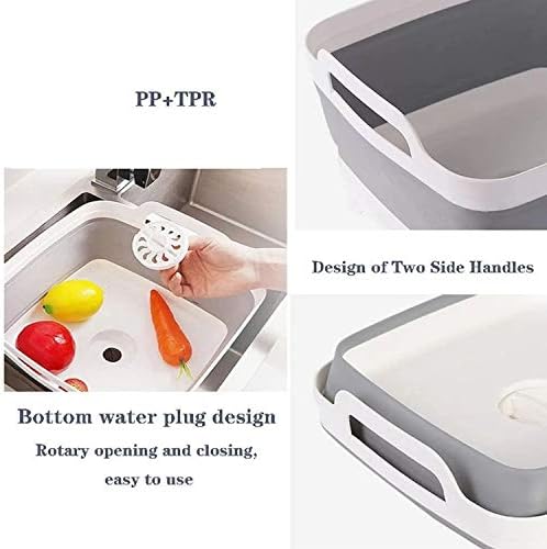 9L (2.4Gal) Dish Basin Collapsible with Drain Plug Carry Handles,Kitchen Storage Tray Dish Wash Basin, Portable Dish Tub, Foldable Dishpan for Camping,RV,Gray