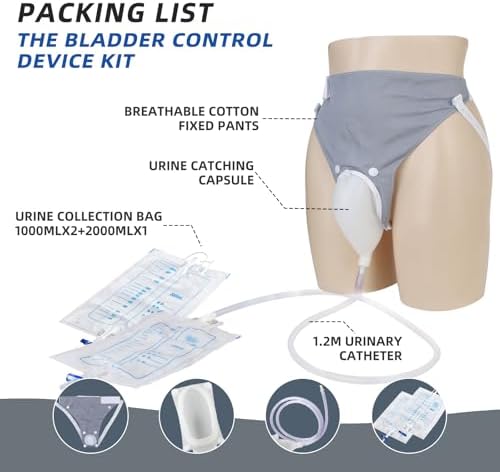 Wearable Urine Collector for Men with Silicone Urine Cup Adjustable Support Pants and Dual Urinary Bags 2000ml Night Use and 1000ml Day Use External Catheter for Men, Elderly Men Grey