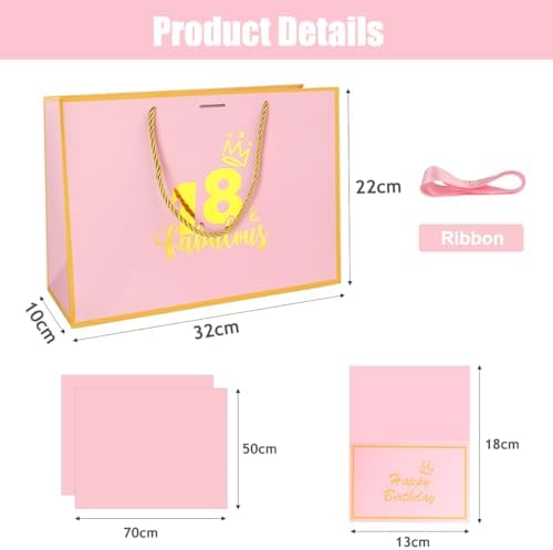 Dimetey 12.6Inch 18th Birthday Gift Bag with gift Card and Tissue Paper for Girl's 18th Birthday Supplies (Pink 18th)
