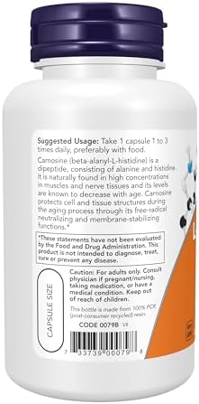 NOW Foods Supplements, L-Carnosine (Beta-Alanyl-L-Histidine) 500 mg, Healthy Aging, 100 Veg Capsules