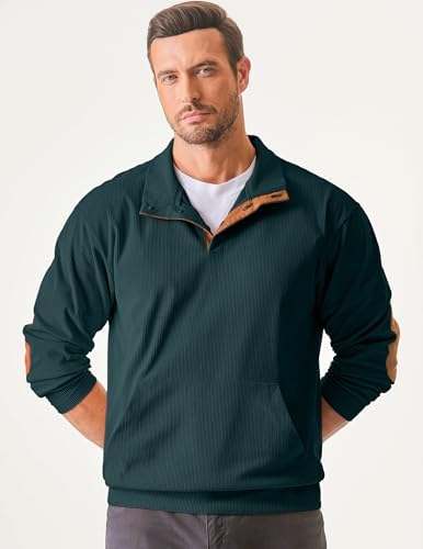 JMIERR Mens Corduroy Sweatshirt Casual Stand Collar Quarter Fall Metal Button Pullover Sweaters Long Sleeve with Pockets