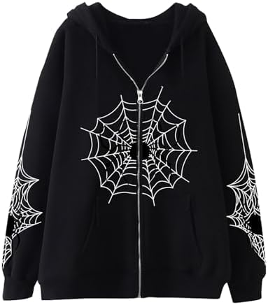 Unisex Spider Web Hoodies Jacket Halloween Zip Up Long Sleeve Y2K Tops Novelty Gothic Streetwear Oversized Sweatshirt