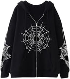 Unisex Spider Web Hoodies Jacket Halloween Zip Up Long Sleeve Y2K Tops Novelty Gothic Streetwear Oversized Sweatshirt