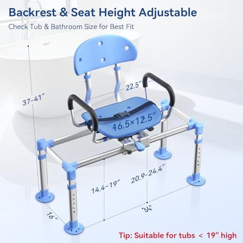 KingPavonini 550lbs Heavy Duty Sliding Shower Chair Tub Transfer Bench with 360° Swivel Seat, Shower Chair for Inside Shower with Adjustable Backrest, Non-Slip Shower Bench for Elderly and Disabled