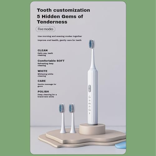 Electric Toothbrush for Adults, 5 Modes USB Rechargeable with 2 Extra Brush Heads, 66000 RPM Sonic Toothbrush with 2-Minute Timer, IPX7 Waterproof, Soft Bristles (White)