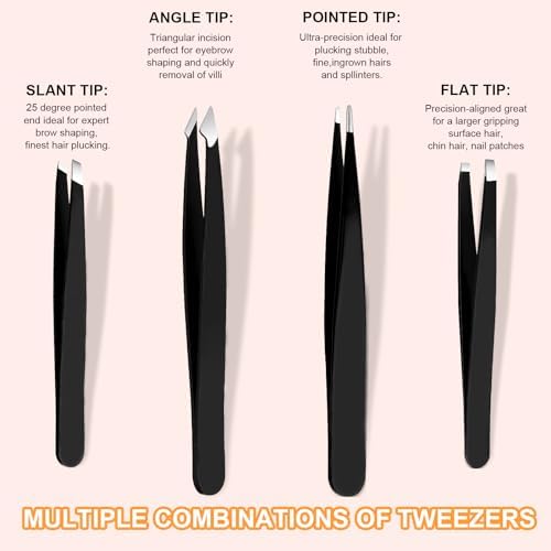Yougai Tweezers Set,9 Pcs Professional Stainless Steel Tweezer Kit-Great Precision Eyebrow Tweezers for Ingrown Facial Hair with Leather Travel Case as Stocking Stuffing Gifts