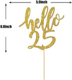 Hello 25 Cake Topper - 25th Birthday / 25 Anniversary Party Cake Decoration, Twenty-five Themed Party Decorations Supplies Gold Glitter