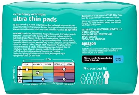 Amazon Basics Ultra Thin Pads with Flexi-Wings for Periods, Extra Heavy Overnight Absorbency, Unscented, Size 5, 24 Count, 1 Pack (Previously Solimo)