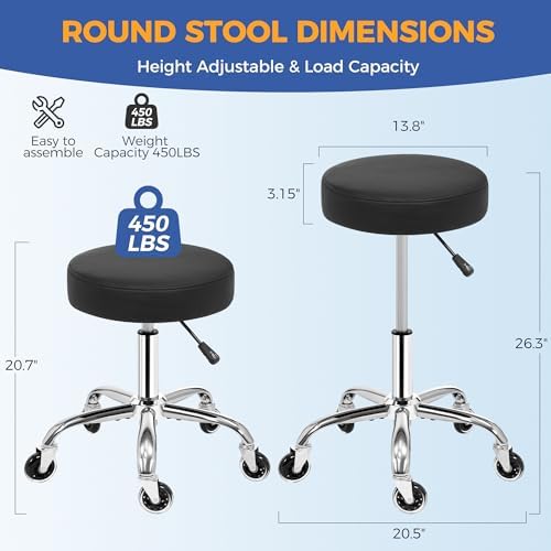 ANWBROAD Round Rolling Stool with Wheels Height Adjustment 360° Swivel Stool Heavy Duty Wide Chair PU Leather Soft Seat Cushion for Massage, Salon, Bar, Home, Office, Tatoo, Medical, Black UWSC001B