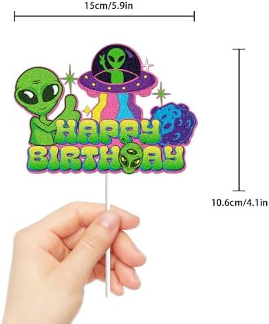 Alien Happy Birthday Cake Topper Green Glitter ET UFO Outter Space Theme Cake Decoration for Boys Girls Kids