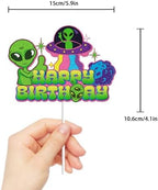 Alien Happy Birthday Cake Topper Green Glitter ET UFO Outter Space Theme Cake Decoration for Boys Girls Kids