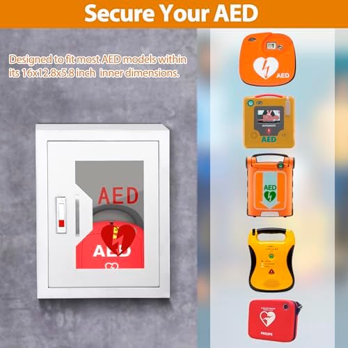 AED Defibrillator Cabinet, Wall Mounted AED Medicine Cabinet with Lock Fits Various AED Defibrillator 12.8 x 6.7 x 16.1 inch