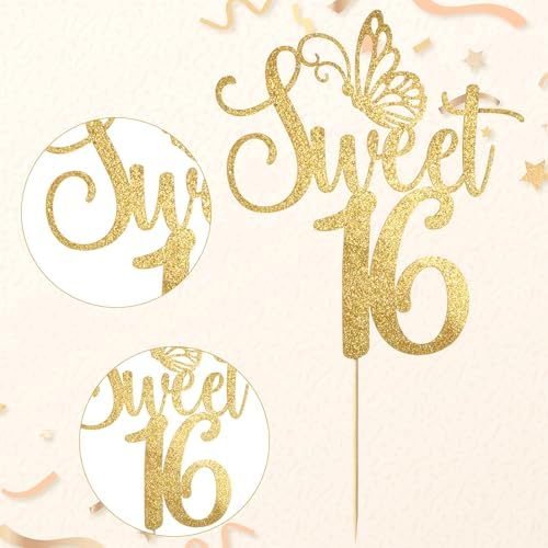 Sweet Sixteen Cake Topper, Sweet 16 Cake Topper, Gold Glitter 16th Birthday Cakes Toppers for Cheers to 16th Years Birthday