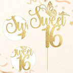 Sweet Sixteen Cake Topper, Sweet 16 Cake Topper, Gold Glitter 16th Birthday Cakes Toppers for Cheers to 16th Years Birthday