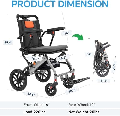 20 LBS Transport Wheelchair Lightweight Foldable,Wheelchairs for Adults, 1s Quick Folding, Quadruple Shock Absorption,Portable Wheelchair for Travel, Hospital & Home Use (Orange)