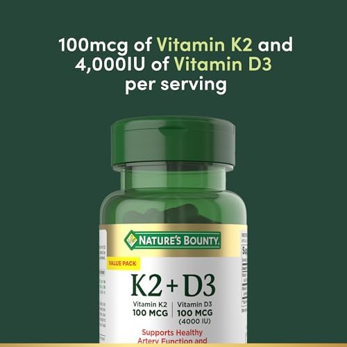 Nature’s Bounty Vitamin D3 K2 Supplement, 4000 IU Vitamin D3 plus 100 mcg of Vitamin K Supplements for Adults for Heart & Bone Health Support, 60 Day Supply, 60 Vegetarian Capsules