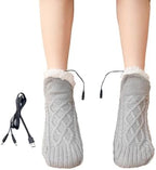 PURFUN Electric Heated Fleece Socks for Women Teens, Winter Cozy Fleece Lining Foot USB Heating Pad Anti-Slip Thermal Christmas Home Knitted Heat Socks Indoor Slippers Foot Warmer Heater Footwear