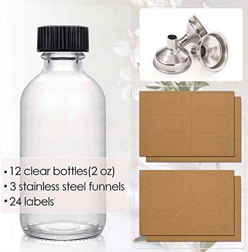 AOZITA 12 Pack, 2 oz Small Clear Glass Bottles w/Lid & 3 Funnels - 60ml Boston Shot Bottles for Health, Immunity, Potion, Wellness, Sample, Ginger, Juice - Mini Personal Care & Beauty Travel Bottle