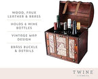 Twine Old World 6 Wooden Wine Bottle Gift Box - Wine Decorative Storage Box with Lid and Handle, Wine Accessory Sets, Wood, Faux Leather in Antique Map Design Liquor Gift Box