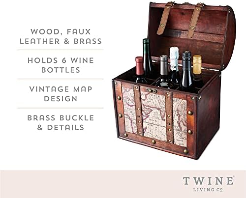 Twine Old World 6 Wooden Wine Bottle Gift Box - Wine Decorative Storage Box with Lid and Handle, Wine Accessory Sets, Wood, Faux Leather in Antique Map Design Liquor Gift Box