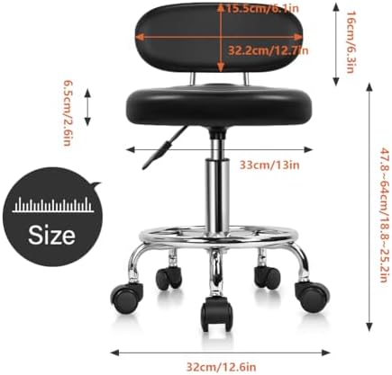 KKTONER PU Leather Modern Rolling Stool with Low Back Height Adjustable Work Salon Drafting Swivel Task Chair with Footrest (Black)