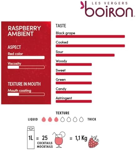 Les Vergers Boiron Raspberry Fruit Puree Drink Mix, All Natural, No Added Sugar, Non-GMO, No Preservatives, No Added Flavors, Vegan, For Beverages & Cocktails, 1 Liter (33.8 Fl Oz)