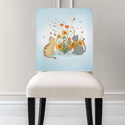 1 Pcs Cute Cats Chair Covers, Yellow Red Flower Butterflies Leaf Gradient Blue Chair Protector Slipcovers Stretch Washable for Home/Hotel/Party/Dining/Room/Kitchen Decorations