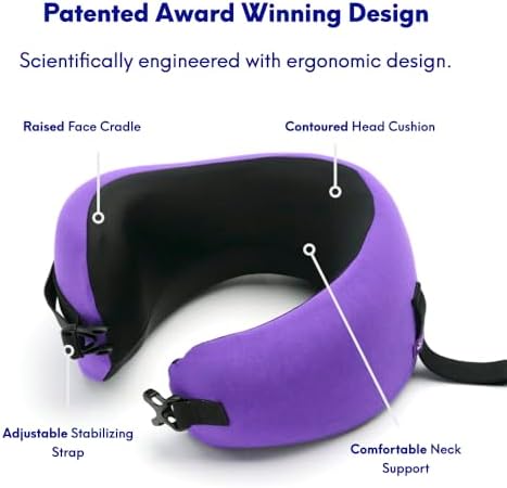C CUSHION LAB Travel Pillow, Award-Winning Patented Ergonomic Design for Chin & Neck Support Memory Foam Neck Pillow, Compact Airplane Pillow for Traveling, Flight, Car (Royal Purple, Medium)