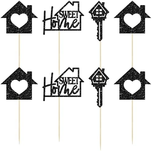 Gyufise 24 Pack Sweet Home Cupcake Toppers Glitter key Housewarming Cupcake Picks for Welcome New Home Theme Party Cake Decorations Supplies Black