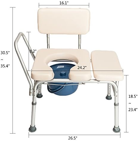 Winado 2 in 1 Transfer Bench Commode Chair for Toilet with Bucket & Padded Seat & Backrest & Armrest, Height Adjustable Bath Chair for Senior & Disabled, White