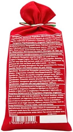 Menol Spices Authentic Hungarian Smoked Paprika Powder (Smoked Hot, 3.5oz / 100g) Gourmet Quality, Produced in region of Szeged, Hungary, Incredible Flavor, Freshly ground