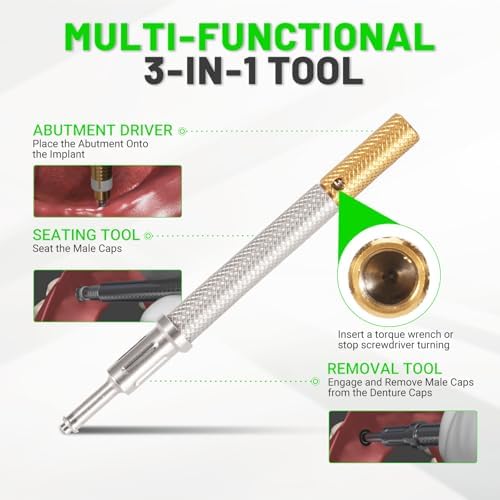 LEAPTREND Implant Tooth Locator Core Tool, Universal Dental Instrument (Golden) with Gloves, 3 Tools in 1 for Overdenture Retention Male Caps Removal and Insertion