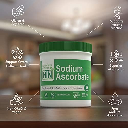 Health Thru Nutrition Sodium Ascorbate Vitamin-C Powder | Pure, Buffered, Non-Acidic | Antioxidative Protection & Immune Function Support | Non-GMO Gluten & Soy Free 250g (8.8oz)