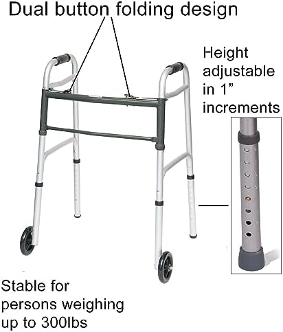 ProBasics Aluminum Lightweight Walker with Wheels, Walker for Seniors, Lightweight Adult Walker with 5" Wheels, Foldable Two-Button Release Walker, 300lbs Weight Capacity