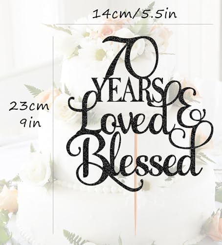 70 Years Loved Cake Topper - Black Glitter 70th Birthday Cake Decorating Supplies, Perfect for 70th Anniversary or Birthday Photo Booth Props