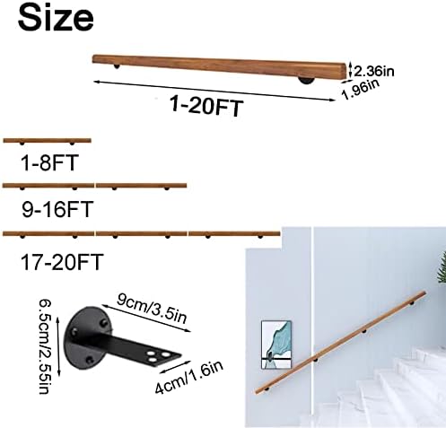 Wooden Stair Handrail, Single Piece Handrails, Complete Kit with Metal Bracket, Safety Anti-Slip Wall Stair Rail for Indoor Elderly Children, for Bars Lofts Kindergarten Guardrail Corridor
