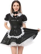 JOLINE Sweet Maid Shiny Metallic Satin Costume Dress Sissy Crossdressing Uniform Lace Ruffle Outfit
