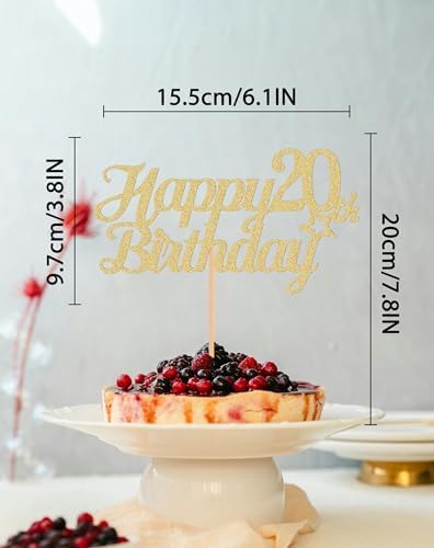 Happy 20th Birthday Cake Topper - Glitter Gold Twenty Birthday Cake Decorating Supplies, 20th Anniversary/Cheers to 20 Years/ 20 Fabulous (Happy Birthday 20th)