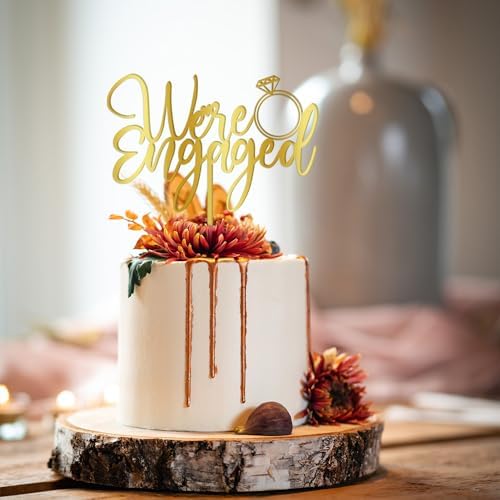 We're Engaged Cake Topper for Engagement Party Decorations, Engaged Ring Sign,Bridal Shower - Wedding Engagement Theme Party Decorations Acrylic Double Sided gold