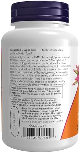 NOW Foods Supplements, TMG Betaine (Trimethylglycine) 1,000 mg, Liver Support*, 100 Tablets
