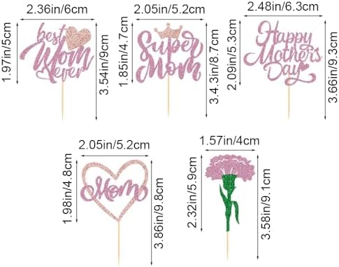 30Pcs Happy Mother's Day Cupcake Toppers Glitter Mom Love Heart Cupcake Picks Best Mom Carnation Flower Cake Decorations for Happy Mother's Day Women Birthday Theme Party Supplies Pink