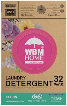 WBM Home Laundry Detergent Pods, Spring Fragrance Scent, 32 Count - HE Concentrated Laundry Pods with 10x Ultra Power Cleaning and 4D Laundry Stain Remover