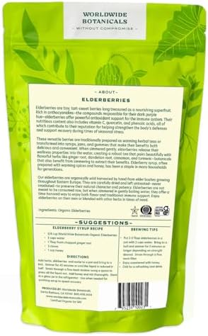 Worldwide Botanicals Organic Dried Elderberries, 1 lb - 100% Sambucus nigra – Superfruit Whole Berries Wild Harvested in Eastern Europe. For making Syrups, Teas, Jams, Gummies, 16 ounces